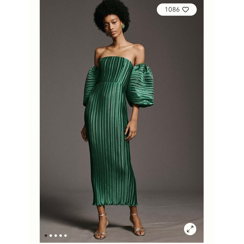 L'IDEE Woman Renaissance Pleated Gown Green Off Shoulder Midi Dress 14
